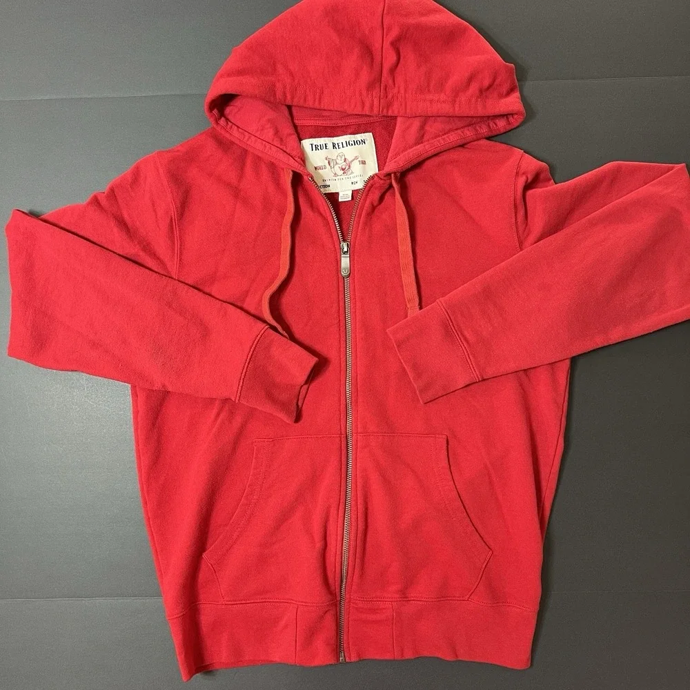 True Religion Hoodie Red Full Zip Up Men's  Medium Y2K Designer Sweatshirt